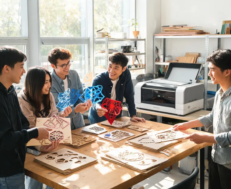 Glowforge team reviewing laser cut samples in a studio