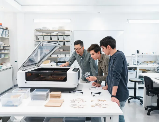 students using a Glowforge laser for classroom prototypes