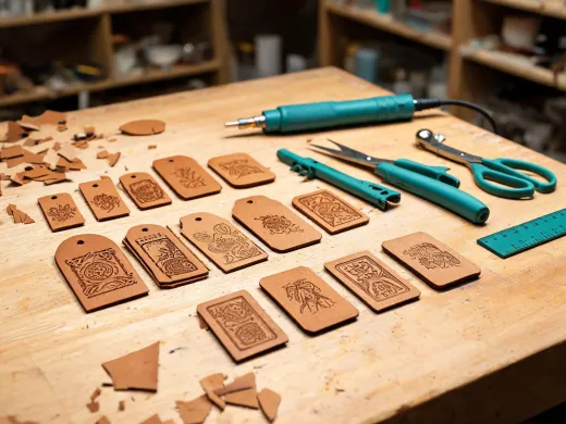 leather tags and labels laser engraved in batches