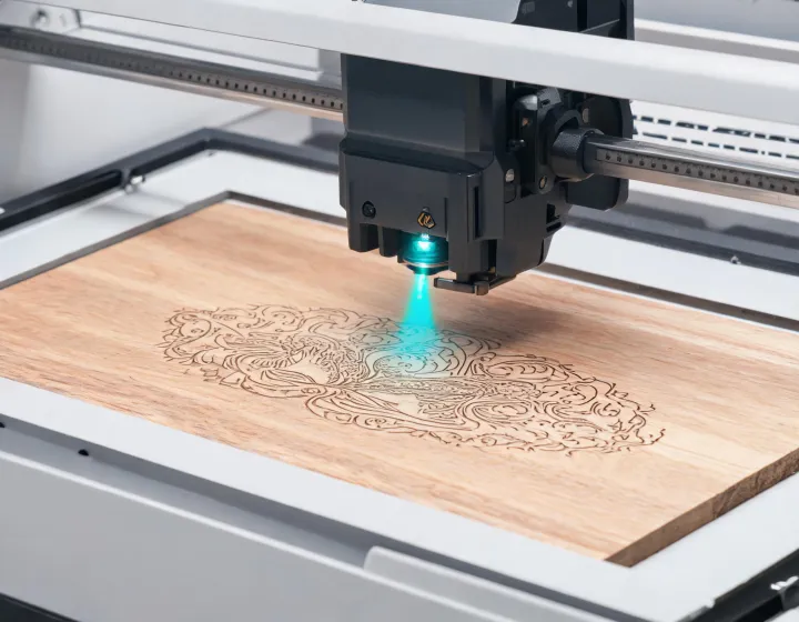 laser head engraving a precise design on hardwood