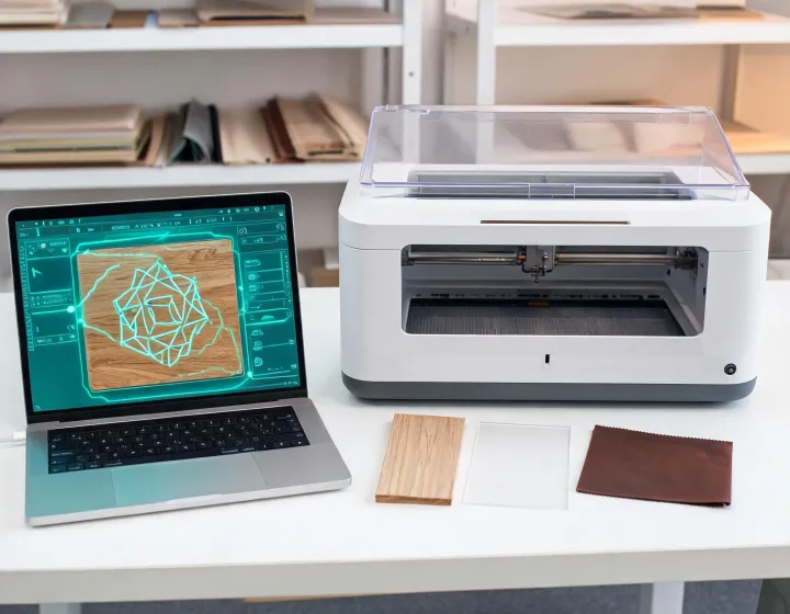 Glowforge laser software interface and material samples