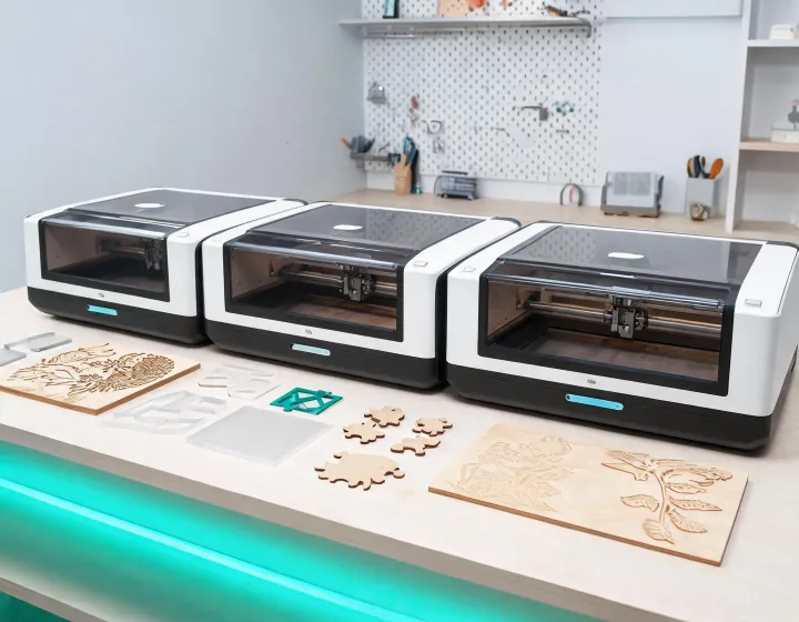 Glowforge laser cutter product family on a studio workbench